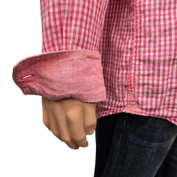 BUGATCHI Uomo Linen Shirt Men L Gingham Check Contrast Flip Cuffs Long Sleeve - Picture 7 of 12